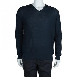 Giorgio Armani Navy Blue Jaquard Knit V-Neck Sweater XL