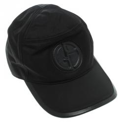 Pre Owned Giorgio Armani Black Embossed Logo Detail Leather Trim Baseball Cap M ( Size 57 )