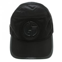 Pre Owned Giorgio Armani Black Embossed Logo Detail Leather Trim Baseball Cap M ( Size 57 )
