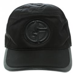 Pre Owned Giorgio Armani Black Embossed Logo Detail Leather Trim Baseball Cap M ( Size 57 )