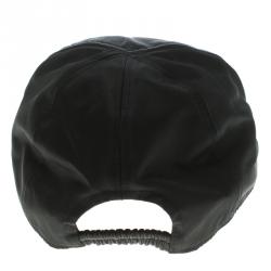 Pre Owned Giorgio Armani Black Embossed Logo Detail Leather Trim Baseball Cap M ( Size 57 )