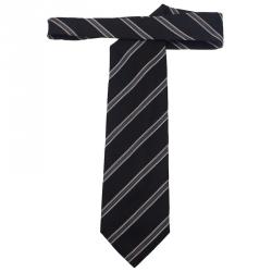 Pre Owned Giorgio Armani Navy Blue and Grey Striped Tie