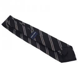 Pre Owned Giorgio Armani Navy Blue and Grey Striped Tie
