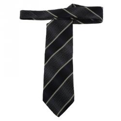 Pre Owned Giorgio Armani Navy Blue and Grey Striped Silk Tie