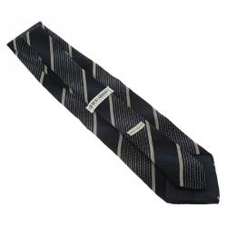 Pre Owned Giorgio Armani Navy Blue and Grey Striped Silk Tie