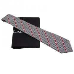 Pre Owned Giorgio Armani Two Tone Houndstooth Striped Woven Silk Tie