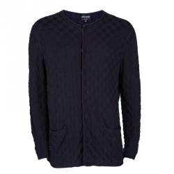 Pre Owned Giorgio Armani Navy Blue Basketweave Cotton Knit Cardigan XXL