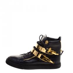 Pre Owned Giuseppe Zanotti Black Leather London Double Buckle High Top Sneakers Size 43