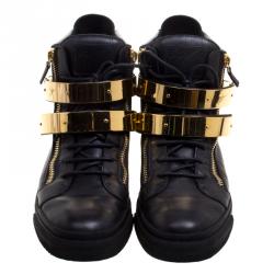 Pre Owned Giuseppe Zanotti Black Leather London Double Buckle High Top Sneakers Size 43