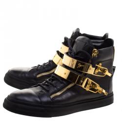 Pre Owned Giuseppe Zanotti Black Leather London Double Buckle High Top Sneakers Size 43