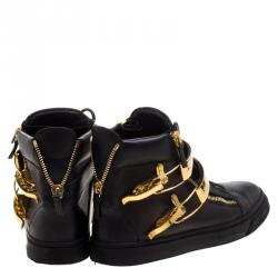 Pre Owned Giuseppe Zanotti Black Leather London Double Buckle High Top Sneakers Size 43