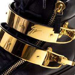 Pre Owned Giuseppe Zanotti Black Leather London Double Buckle High Top Sneakers Size 43