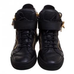 Pre Owned Giuseppe Zanotti Black Leather Eagle High Top Sneakers Size 43