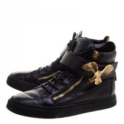 Pre Owned Giuseppe Zanotti Black Leather Eagle High Top Sneakers Size 43