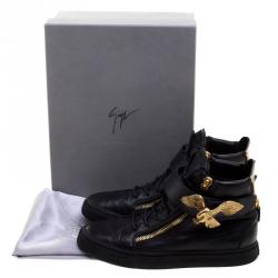 Pre Owned Giuseppe Zanotti Black Leather Eagle High Top Sneakers Size 43