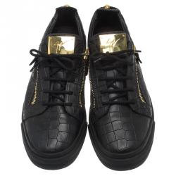 Pre Owned Giuseppe Zanotti Black Crocodile Embossed Leather Frankie Sneakers Size 45