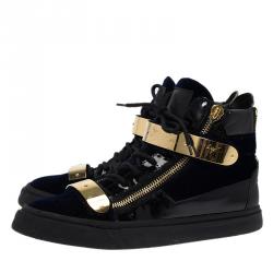 Pre Owned Giuseppe Zanotti Navy Blue Velvet and Black Leather Coby High Top Sneakers Size 43