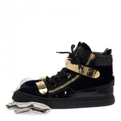 Pre Owned Giuseppe Zanotti Navy Blue Velvet and Black Leather Coby High Top Sneakers Size 43