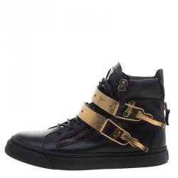 Pre Owned Giuseppe Zanotti Black Leather London Double Buckle High Top Sneakers Size 39