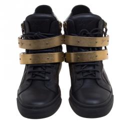 Pre Owned Giuseppe Zanotti Black Leather London Double Buckle High Top Sneakers Size 39