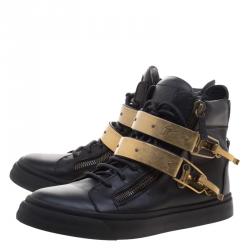 Pre Owned Giuseppe Zanotti Black Leather London Double Buckle High Top Sneakers Size 39