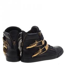 Pre Owned Giuseppe Zanotti Black Leather London Double Buckle High Top Sneakers Size 39
