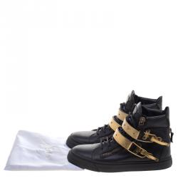 Pre Owned Giuseppe Zanotti Black Leather London Double Buckle High Top Sneakers Size 39