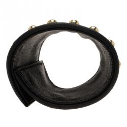 Pre Owned Givenchy Gold Tone Studs Embossed Black Leather Extra Wide Cuff Bracelet 