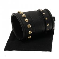 Pre Owned Givenchy Gold Tone Studs Embossed Black Leather Extra Wide Cuff Bracelet 