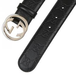 Gucci Black Guccissima Leather Interlocking GG Buckle Belt 85CM