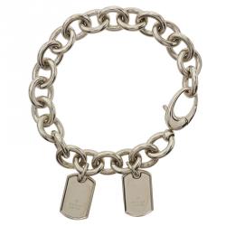 Pre Owned Gucci Dog Tag Silver Chain Bracelet