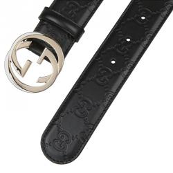 مملوكة مسبقًا Gucci Black Guccissima Leather Interlocking GG Buckle Belt 105CM
