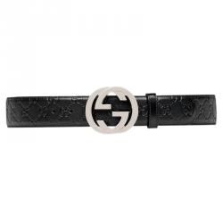 Pre Owned Gucci Black Guccissima Leather Interlocking GG Buckle Belt 90CM