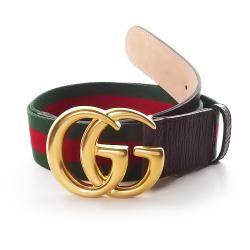مملوكة مسبقًا حزام غوتشي إبزيم G مزدوج تفاصيل ويب وجلد بني 100 سم
