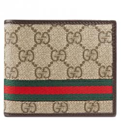 Gucci Brown GG Supreme Canvas and Leather Web Detail Coin Pouch Bi-Fold Wallet