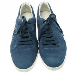 Pre Owned حذاء رياضي غوتشي سويدي أزرق فاتح GG متداخلة برباط مقاس 45