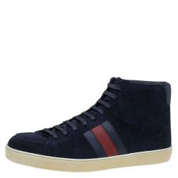 Gucci Navy Blue Suede Web Detail High Top Sneakers Size 43.5