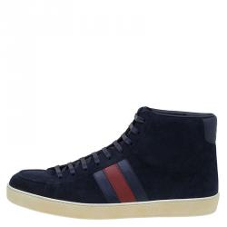 Gucci Navy Blue Suede Web Detail High Top Sneakers Size 43.5