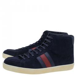 Gucci Navy Blue Suede Web Detail High Top Sneakers Size 43.5