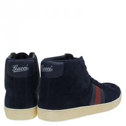 Gucci Navy Blue Suede Web Detail High Top Sneakers Size 43.5