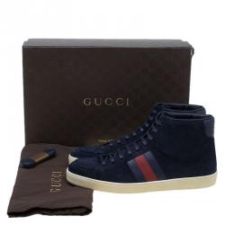 Gucci Navy Blue Suede Web Detail High Top Sneakers Size 43.5