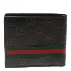 Pre Owned محفظة غوتشي ثنائية الطية ويب جلد غوتشيسيما أسود ميتاليك