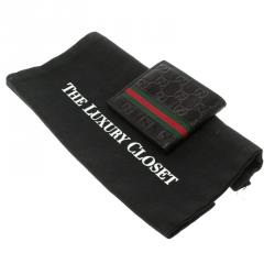 Pre Owned محفظة غوتشي ثنائية الطية ويب جلد غوتشيسيما أسود ميتاليك