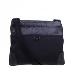 Gucci Black Guccissima Leather/Canvas Flat Messenger Bag