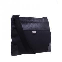 Gucci Black Guccissima Leather/Canvas Flat Messenger Bag