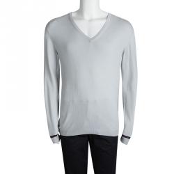 Gucci Grey V-Neck Stripe Detail Long Sleeve Sweater XL