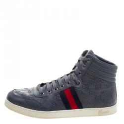 Gucci Grey Guccissima Leather Web Detail High Top Sneakers Size 43