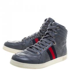 Gucci Grey Guccissima Leather Web Detail High Top Sneakers Size 43