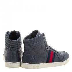 Gucci Grey Guccissima Leather Web Detail High Top Sneakers Size 43