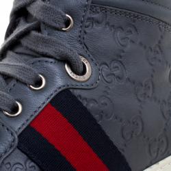 Gucci Grey Guccissima Leather Web Detail High Top Sneakers Size 43